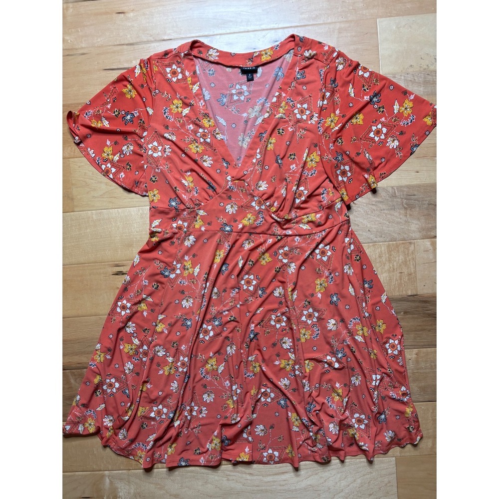Torrid Skater Dress Womens 2 Coral Orange Floral Bandana V-Neck Flutter Sleeve